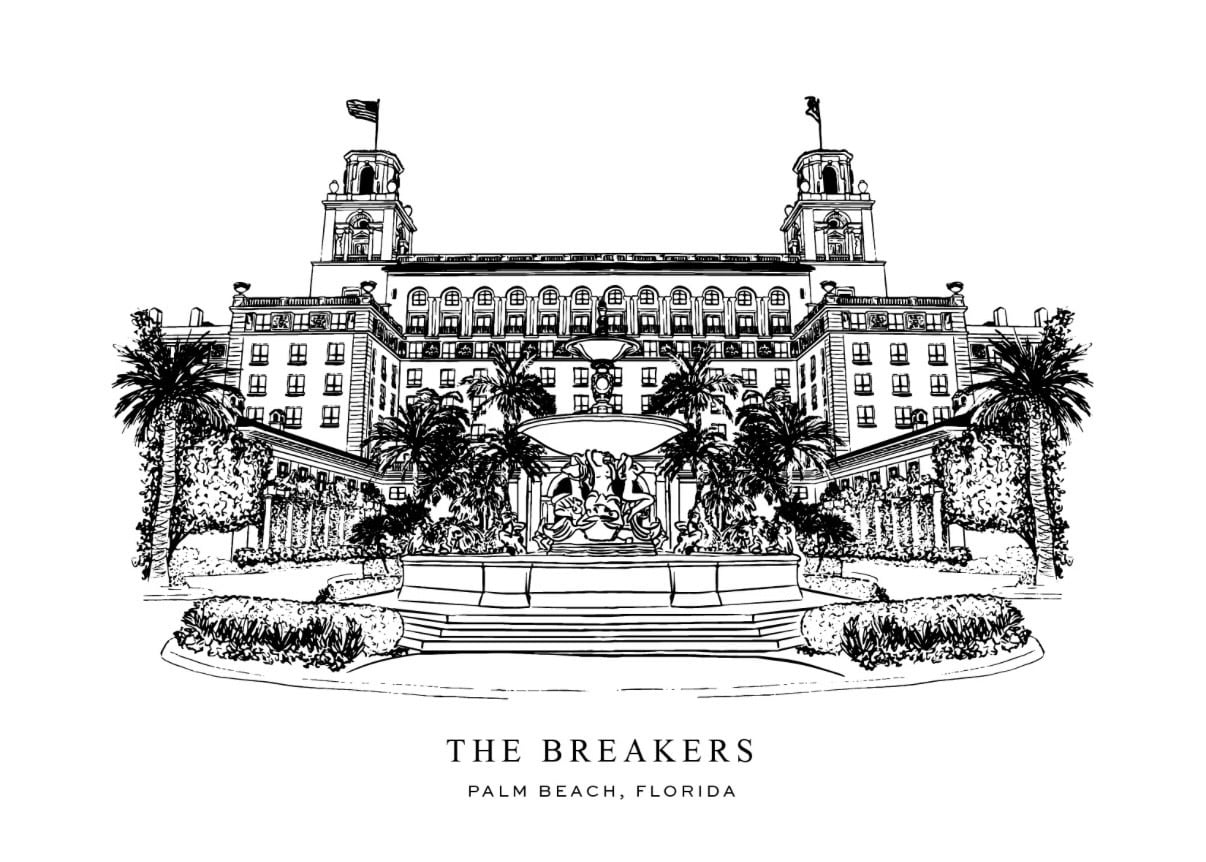 Black-and-white line illustration of The Breakers' facade and Florentine fountain, captioned The Breakers, Palm Beach, Florida.